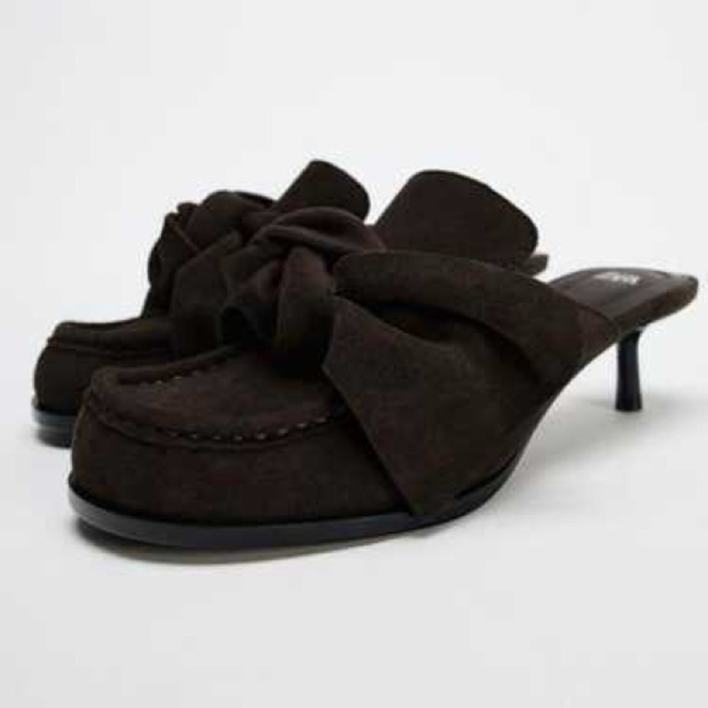 Zara Women's Dark Brown Suede Mules with Bow